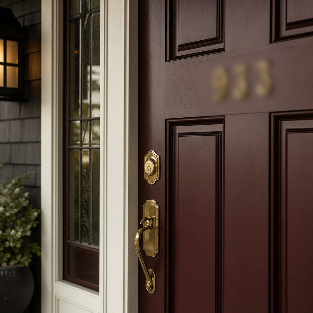 Burgundy front door of a Craftsman home with brass hardware