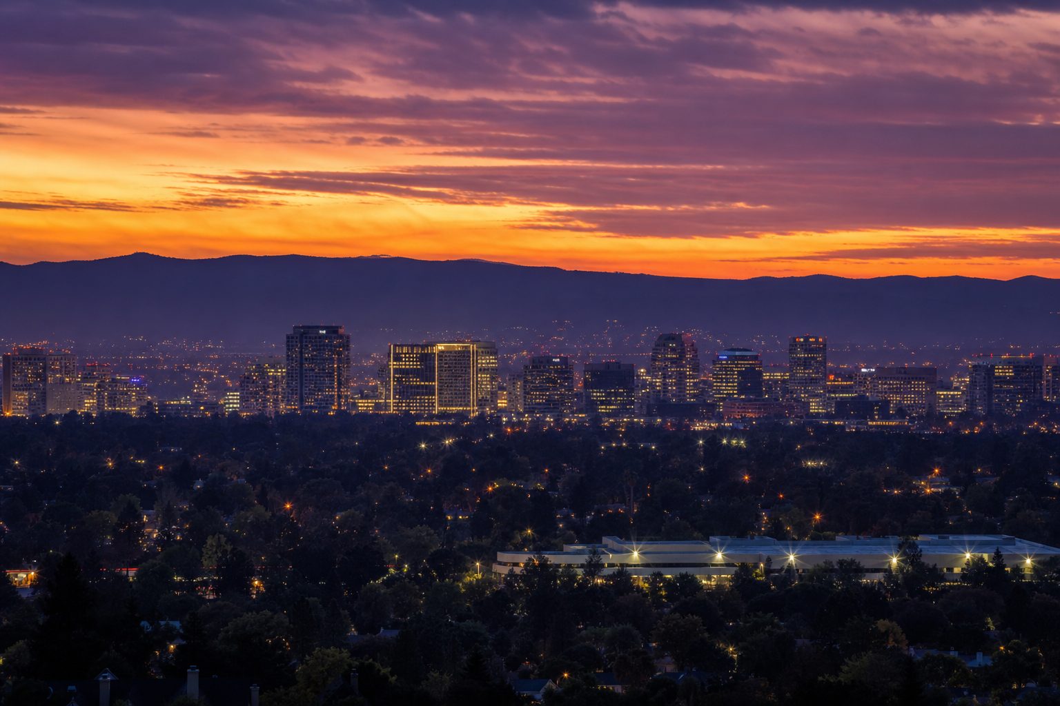 San Jose skyline at dusk from the foothills
